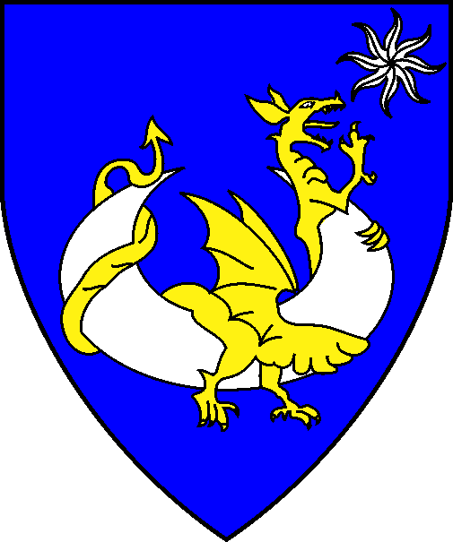 [Azure, entwined about a crescent argent, a dragon Or, grasping for, in sinister chief, an estoile of eight points argent]