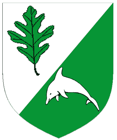 [Per bend sinister argent and vert, an oak leaf palewise and a bottlenosed dolphin naiant counterchanged	  ]
