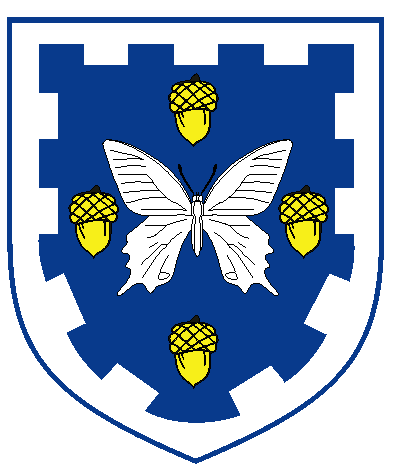 [Azure, a butterfly argent between four acorns in cross Or, all within a bordure embattled argent	  ]