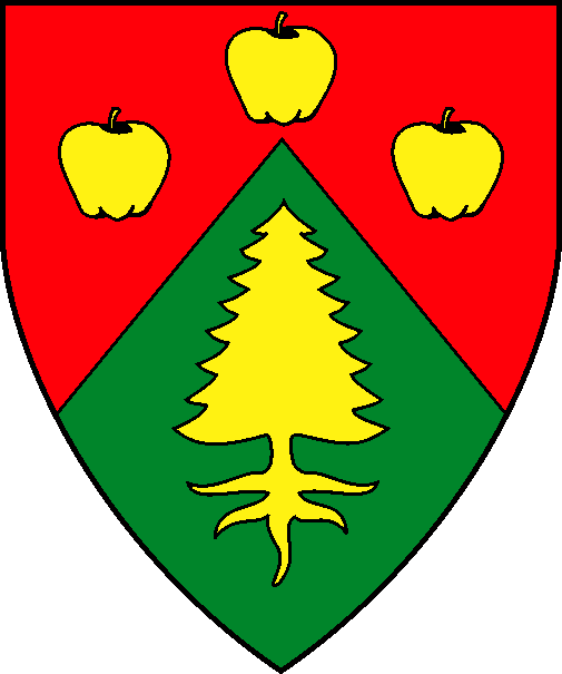 [Per chevron gules and vert, three apples in chevron and a pine tree eradicated Or]