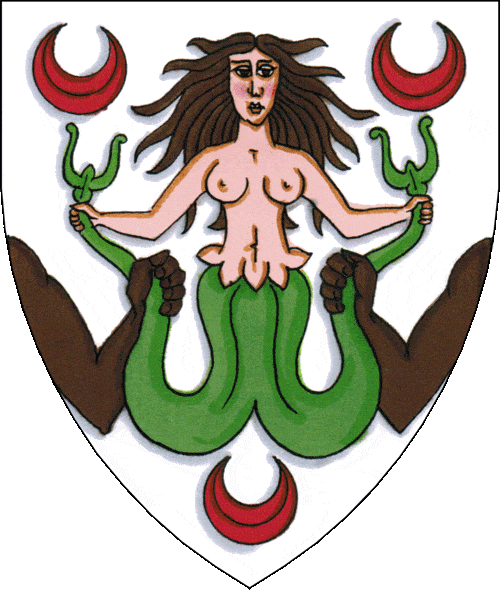 [Argent, a brown-haired melusine proper sustained by two Moor's arms issuant from the flanks between three crescents gules.]
