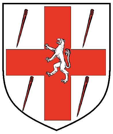 [Argent, on a cross between four needles gules, a catamount rampant argent	  	  ]
