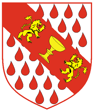 [Argent goutty de sang, on a bend gules a cup between two lions combatant all bendwise sinister Or. 	  ]