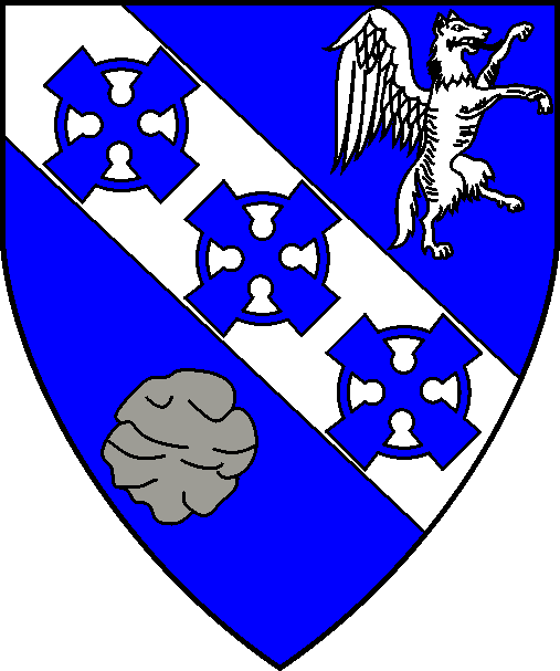 [Azure, on a bend between a winged wolf segreant contourny argent and a stone proper three equal-armed Celtic crosses azure]