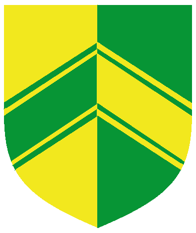 [Per pale Or and vert, a chevron cotised counterchanged.]