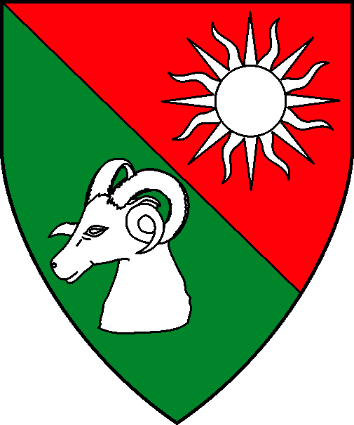 [Per bend gules and vert, a sun and a ram's head couped argent]