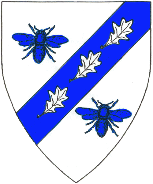 [Argent, on a bend sinister between two bees azure three oak leaves argent.	  ]