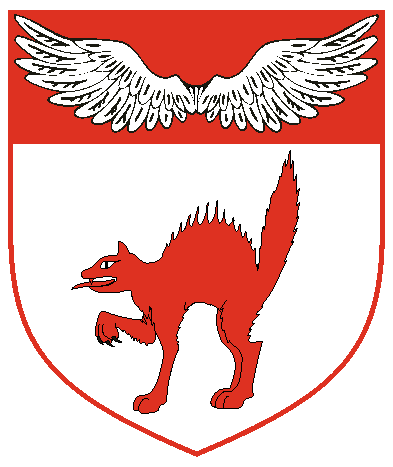 [Argent, a cat herissant and on a chief gules, two wings conjoined in vol argent	  ]