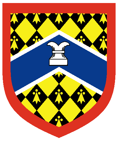 [Lozengy Or and pean, on a chevron azure fimbriated a chess rook argent, a bordure gules	  ]