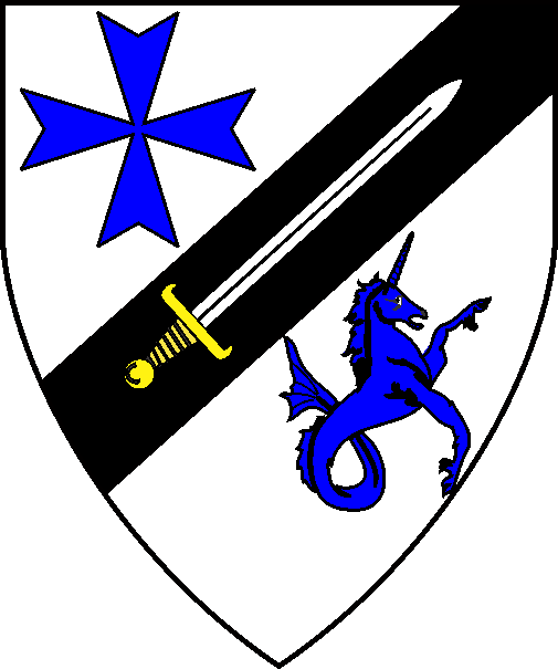 [Argent, on a bend sinister sable between a maltese cross and a sea unicorn erect to sinister azure, a sword proper]