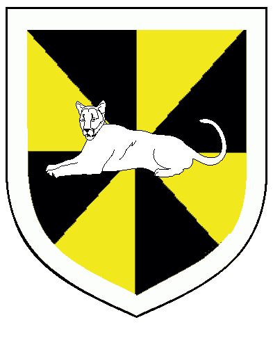 [Gyronny sable and Or, a natural panther couchant within a bordure argent	  ]