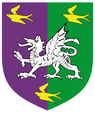 [	Per pale purpure and vert, a dragon passant argent between three birds volant Or.  ]