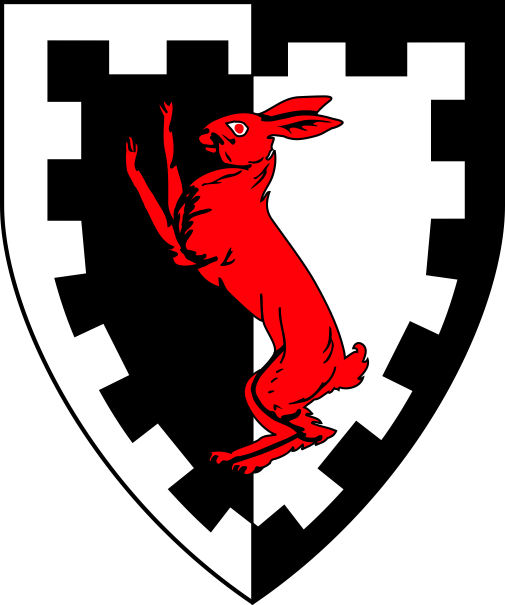 [Per pale sable and argent, a rabbit salient gules within a bordure embattled counterchanged]