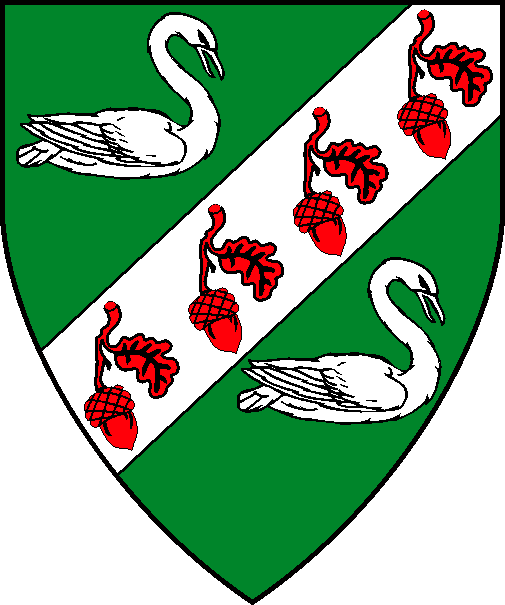 [Vert, on a bend sinister between two swans naiant respectant argent four oak leaves fructed gules]