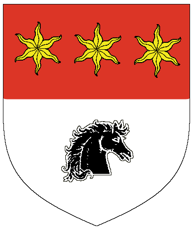 [Per fess gules and argent, three estoiles Or and a horse’s head couped contourny sable.	  ]