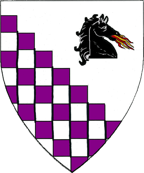 [Per bend indented argent and checky purpure and argent, in sinister chief a horse's head couped contourny sable breathing flames proper.]