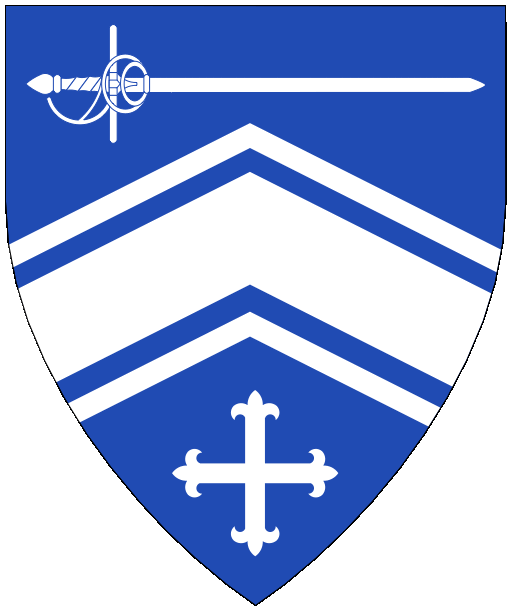 [Azure, a chevron cotised between a rapier fesswise reversed and a cross fleury argent.]