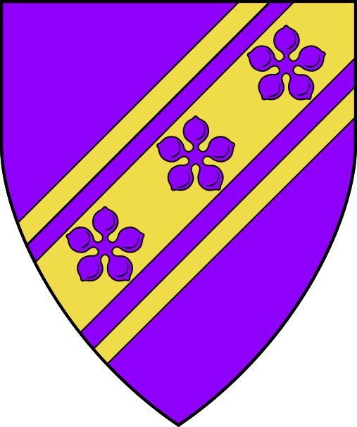 [Purpure, on a bend sinister cotised Or, three cinquefoils purpure]
