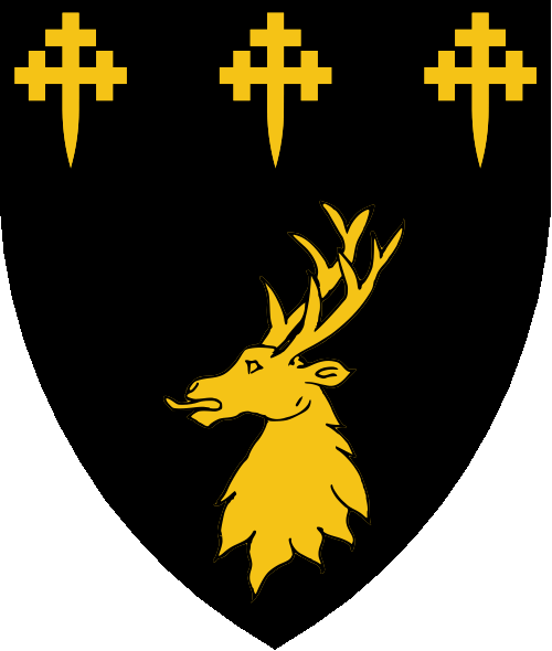 [Sable, a stag's head erased and in chief three crosses crosslet fitchy Or.]