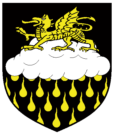 [Per fess sable and sable, goutty d'Or, a cloud throughout argent and in chief a dragon passant Or	  ]