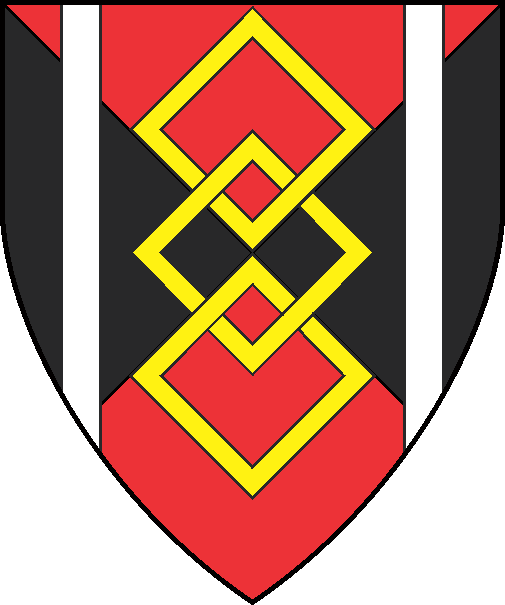 [Per saltire gules and sable, three mascles braced in pale Or between two pallets argent]