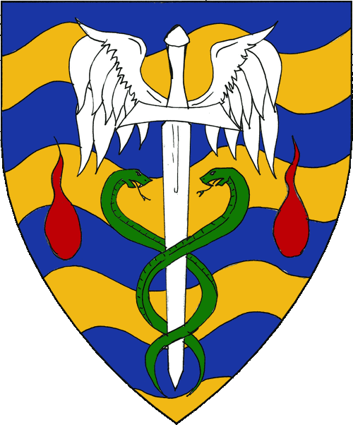 [Barry wavy azure and Or, a sword inverted winged at the hilt argent entwined by two maintained serpents vert between in fess two gouttes de sang.]