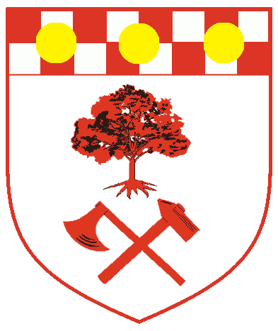 [Argent, in pale a tree and in saltire a Viking bearded axe and a smithing hammer gules, and for augmentation, on a chief checky gules and argent three roundels Or.]