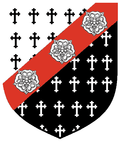 [Per bend sinister argent and sable all semy of Latin crosses bottony counterchanged, on a bend sinister gules three roses argent.]