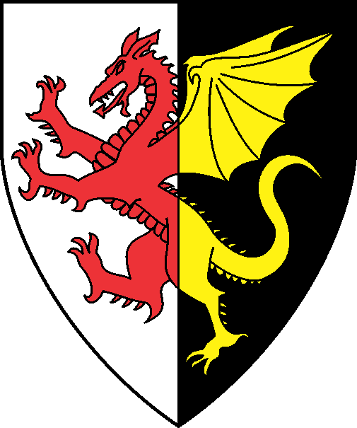 [Per pale argent and sable, a dragon counterchanged gules and Or]