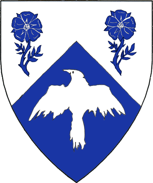 [Per chevron argent and azure, two roses slipped and leaved and a raven migrant counterchanged.]