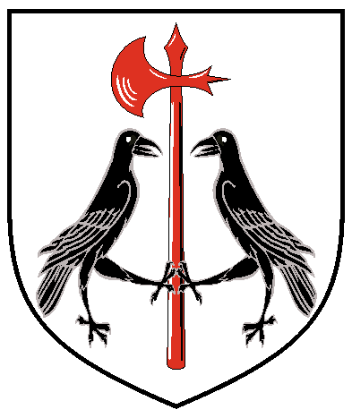 [Argent, a battleaxe gules between and supported by two ravens passant respectant sable	  ]