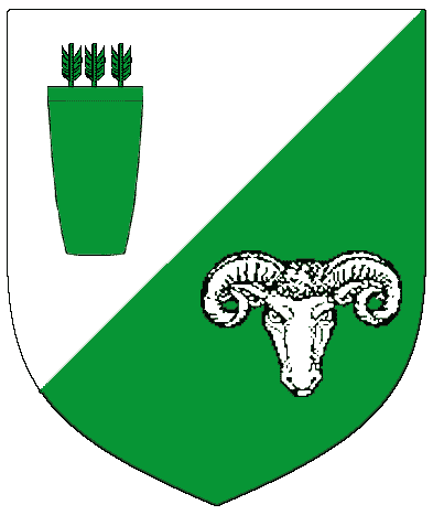 [Per bend sinister argent and vert, a quiver of three arrows and a ram’s head cabossed counterchanged.]