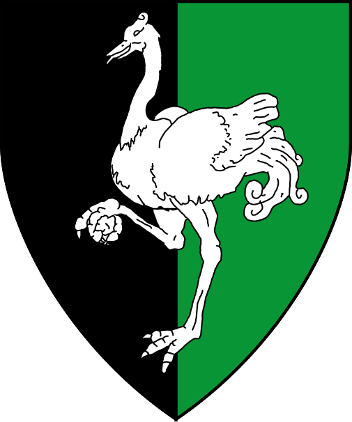 [Per pale sable and vert, an ostrich maintaining a stone argent]