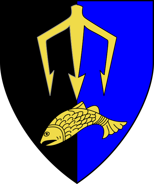 [Per pale sable and azure, a salmon-spear and in base a salmon Or]