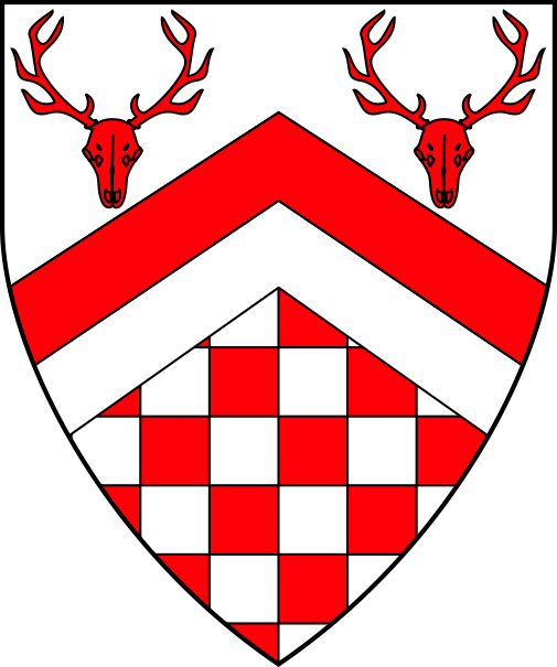 [Per chevron argent and checky gules and argent, a chevron per chevron gules and argent, in chief two stag's skulls gules]