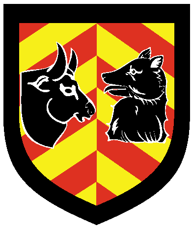 [	  Chevronnelly and per pale gules and Or, a
bull's head couped and a bear's head couped respectant within a
bordure sable]