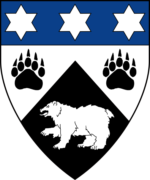 [ Per chevron argent and sable, two paw prints and a bear passant counterchanged, on a chief azure three mullets of six points argent]