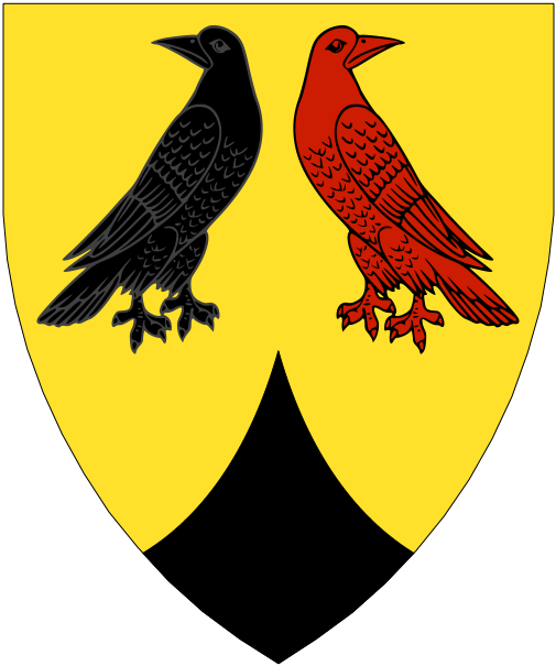 [Or, two crows respectant regardant the dexter sable and the sinister gules, a point pointed sable.]