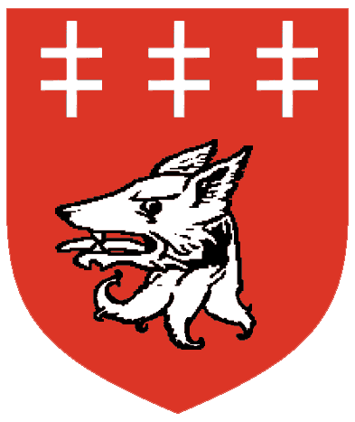 [Gules, a wolf's head erased and in chief three double crosses argent.]