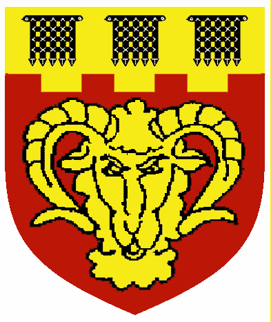 [Gules, a ram's head, erased and affronty, and on a chief embattled Or, three portcullises sable	  ]