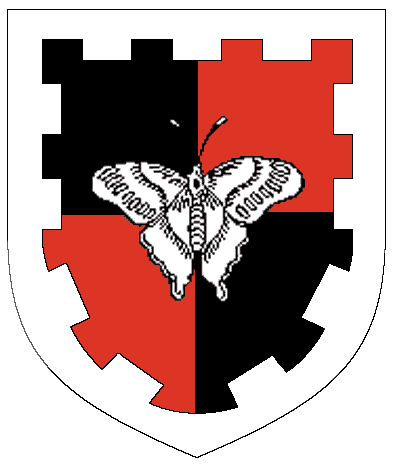 [Quarterly sable and gules, a butterfly and a bordure embattled argent.	  ]