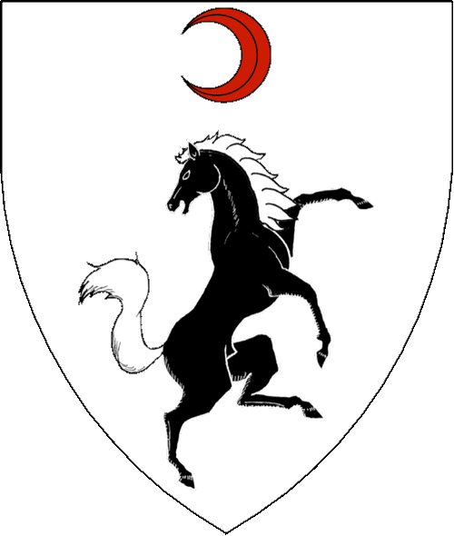 [Argent, a horse rampant regardant contourny sable and in chief an increscent gules.]