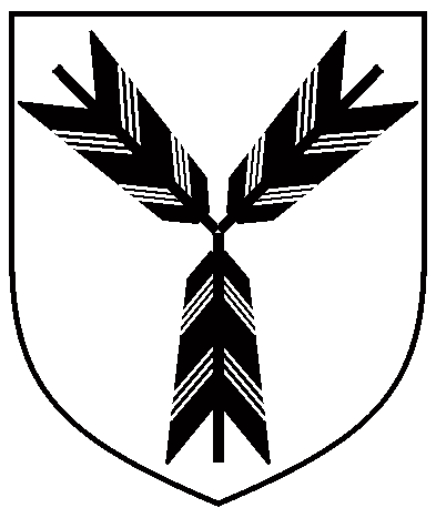 [	  Argent, three arrow fletchings in pall, shafts to center, a bordure sable. ]