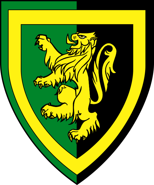 [Per pale vert and sable, a lion rampant within an orle Or]