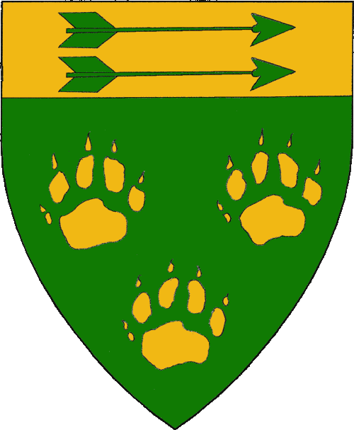 [Vert, three paw prints and on a chief Or in pale two arrows fesswise vert.]