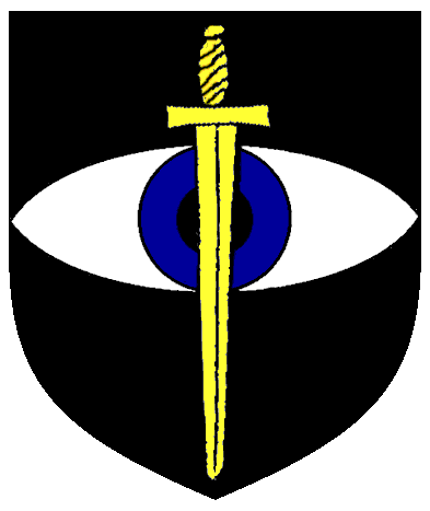 [Sable, an eye argent irised azure, surmounted by a sword inverted Or.]