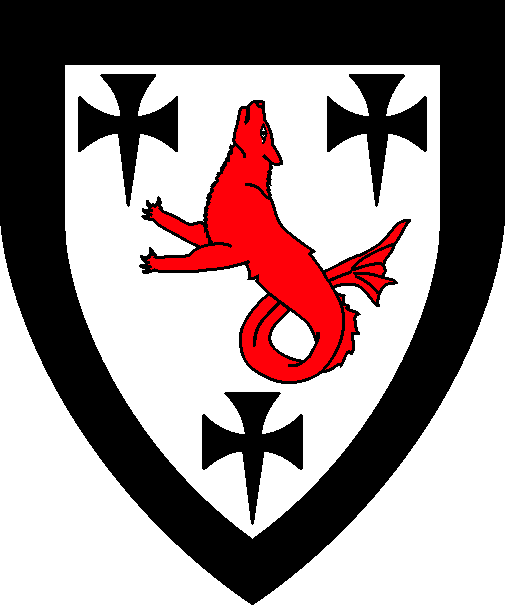 [Argent, a sea-wolf ululant gules between three crosses formy fitchy all within a bordure sable]