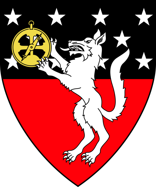 [Per fess sable mullety argent and gules, a wolf salient argent maintaining in its forepaws a mariner's astrolabe Or]