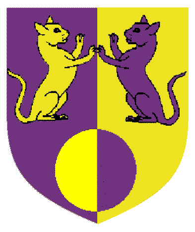 [Per pale purpure and Or, two cats sejant erect respectant, a roundel counterchanged	  	  ]
