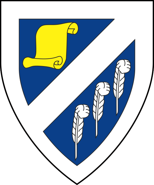 [Azure, a bend sinister argent between an open scroll Or and three quill pens, a bordure argent]